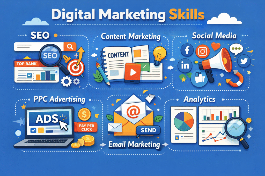 Digital marketing infographic with SEO, social media, PPC, analytics, and email marketing